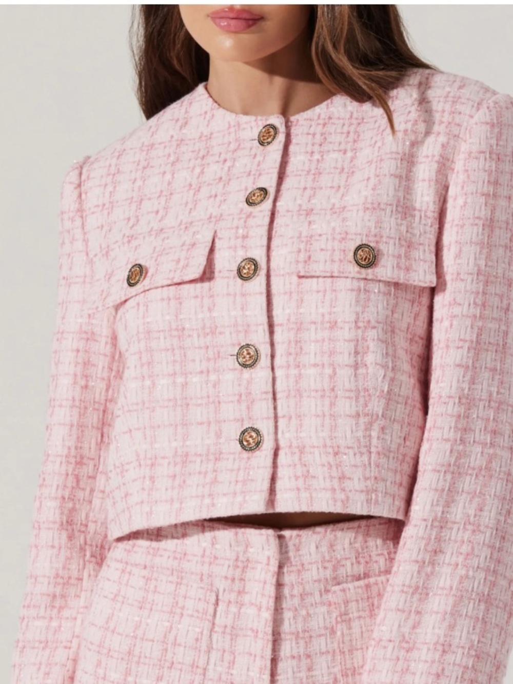 ASTR the Label Pink Cropped Tweed Jacket, collarless, Button front NEW! Size XL